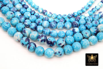 Smooth Round Ocean Blue Beads, Navy and White Jewelry Beads BS #101, sizes in 6 mm 8 mm 10 mm 15.5 inch Strands